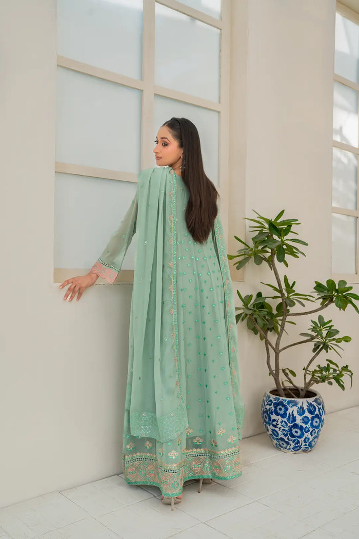 3 Pcs Women's Stitched Chiffon Hand Work Maxi Suit