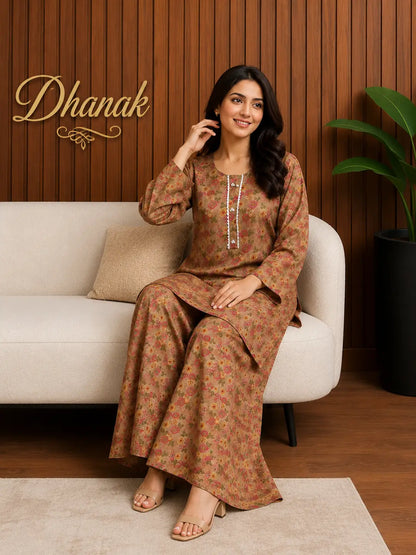 2 Pcs Women's Stitched Dhanak Printed Shirt And Trouser