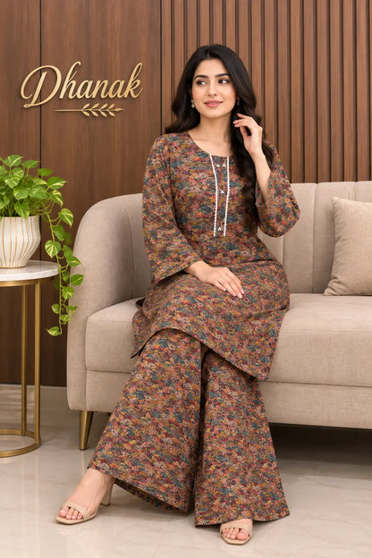 2 Pcs Women's Stitched Dhanak Printed Shirt And Trouser