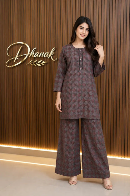 2 Pcs Women's Stitched Dhanak Printed Shirt And Trouser