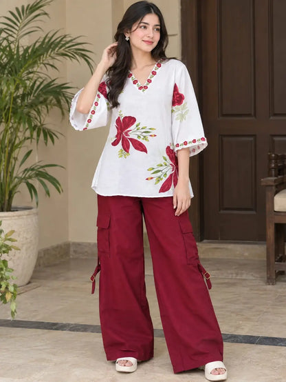 2 Pcs Women's Stitched Grip Printed Shirt And Trouser
