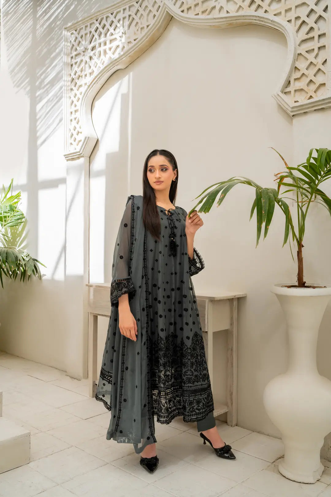 3 Pcs Women's Stitched Chiffon Hand Work Maxi Suit