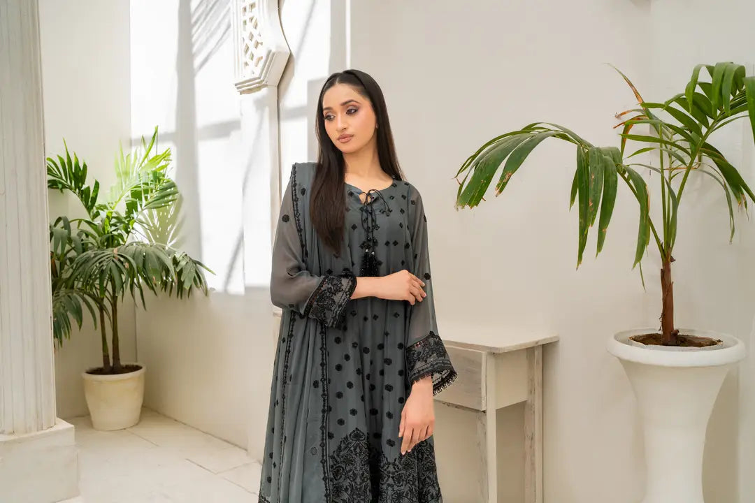 3 Pcs Women's Stitched Chiffon Hand Work Maxi Suit