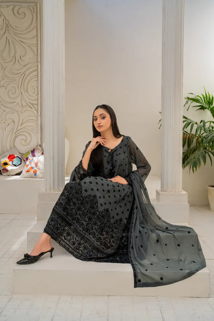 3 Pcs Women's Stitched Chiffon Hand Work Maxi Suit