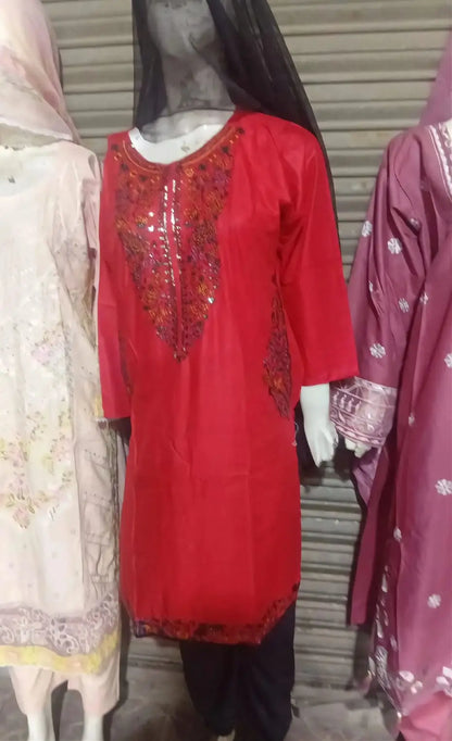 2 Pcs Women's Stitched Linen Embroidered Shirt And Trouser