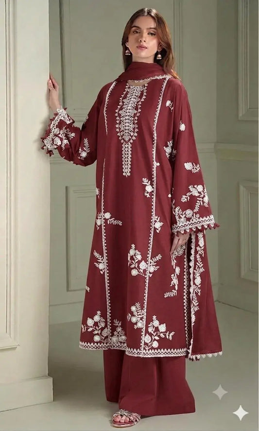 3 Pcs Women's Unstitched Embroidered Suit