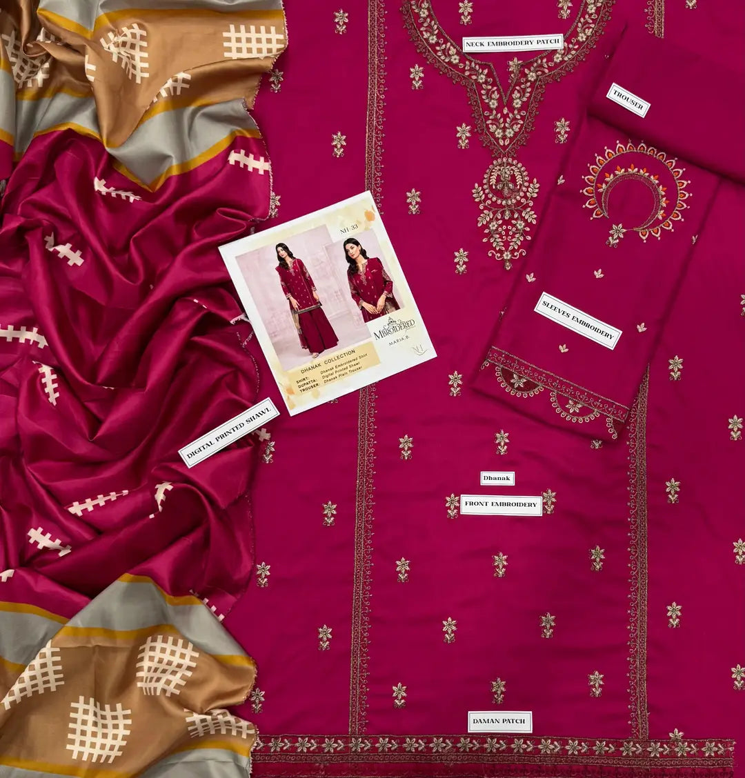 3 Pcs Women's Unstitched Embroidered Suit