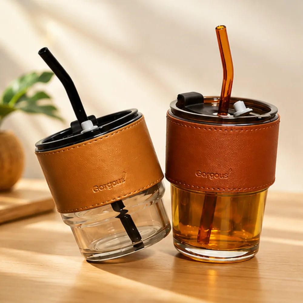 450ml Glass Coffee Mug with Lid & Straw